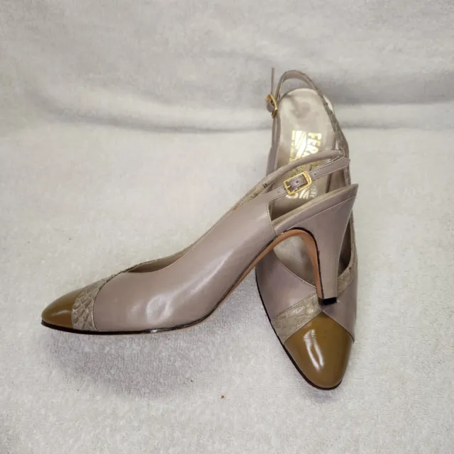 Salvatore Ferragamo Taupe Tan Sling Back Heels Size 7.5 Animal Print