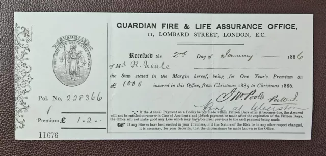 1886 Guardian Fire & Life Assurance Office, Lombard Street, London Receipt