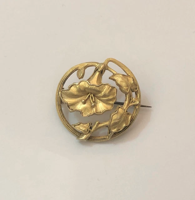 Ancienne broche ART NOUVEAU en argent massif plaqué or / vermeil Décor LISERON