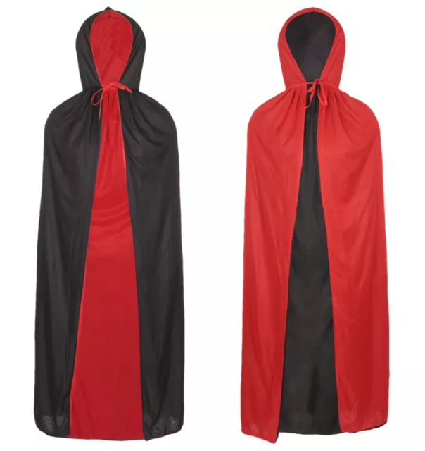 Halloween Vampire Cape Dracula Hooded Cloak Robe Reversible Devil Wizard Costume