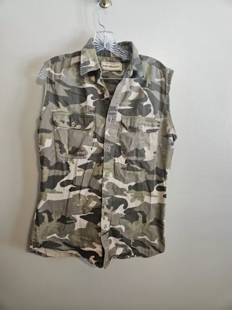 Bit & Bridle Shirt Mens Camo Sleeveless Cut Off Sleeve Green Button Front SIze M