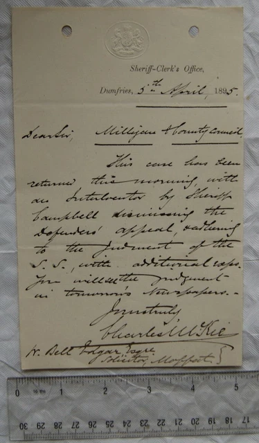 1895 letter Charles McKie, Dumfries Sheriff-Clerk