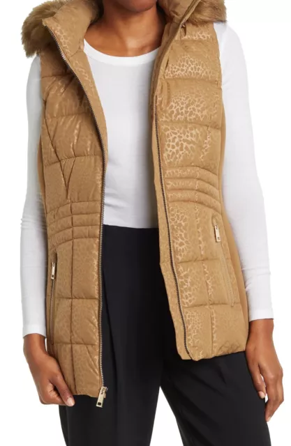 Michael Kors Women's Faux Fur Trim Hood Quilted Puffer Vest Husk Leopard Size XS