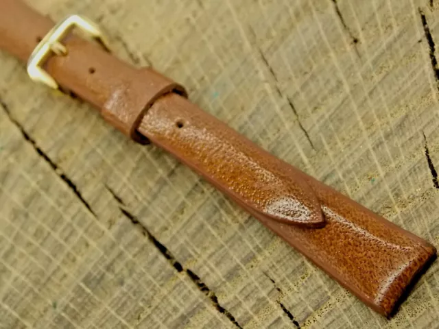 Bracelet de montre vintage en cuir marron inutilisé avec boucle ton or 11 mm pour femmes