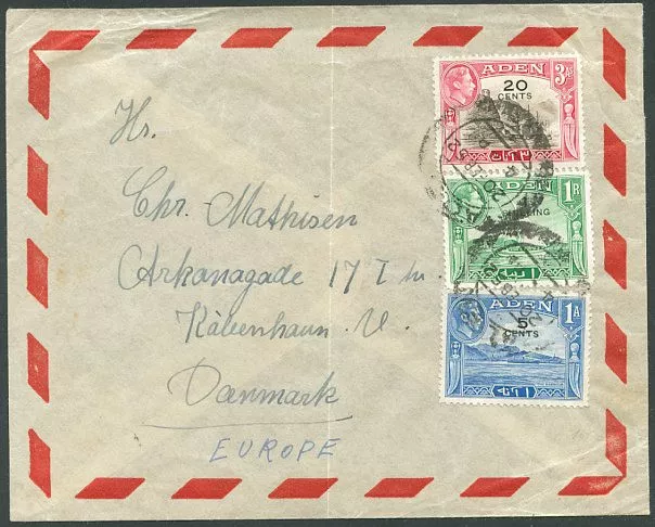 BRITISH ADEN to DENMARK Air Mail Cover 1952 GOOD POSTAGE VF