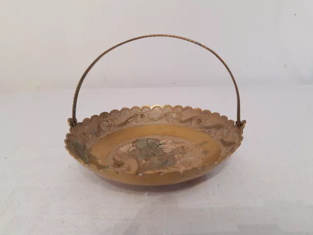 Small Old Enameled Floral Art Brass Metal Dish Bowl Container With Handle