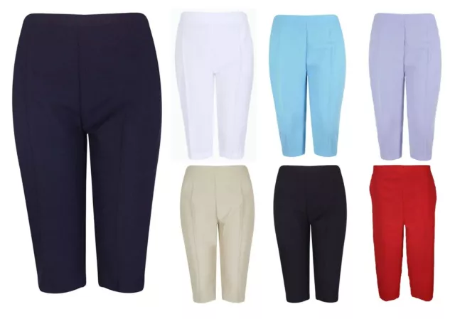 Ladies Plus Size Plain 3/4 Cropped Stretchy Capri Pants Shorts Trousers  12-24