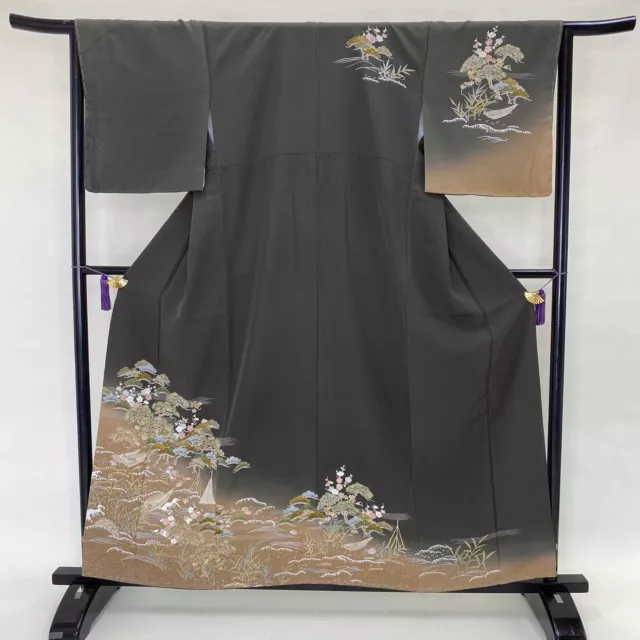 Japanese Kimono "HOUMONGI" Silk M size A rank gold green pine kimono 1163