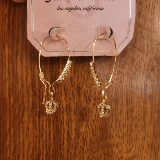 Juicy Couture Gold Tone Crystal  Crown Drop Hoop Earrings Brand New