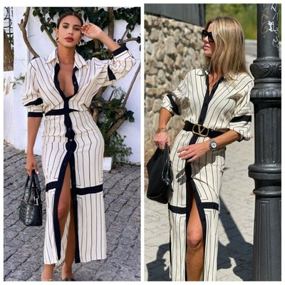 Zara Collar Long Striped Midi Shirt Dress Size M Med 12 Ecru Cream White Black