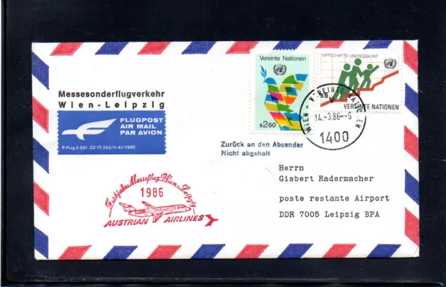 AUA FFC ERSTFLUG UNO VIENNA - LEIPZIG 1986 red cachet