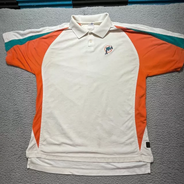 Miami Dolphins Polo Shirt Medium White Vintage Reebok Short Sleeve Moisture Wick