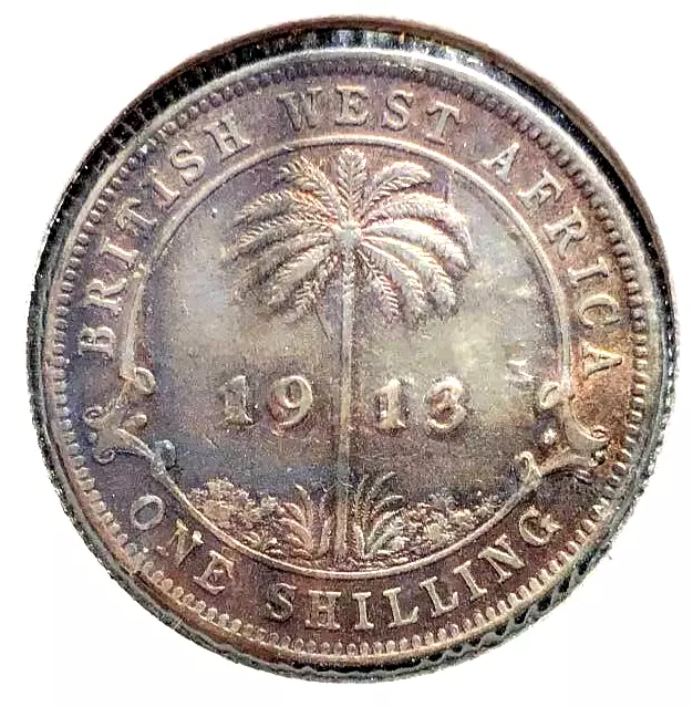 British West Africa, 1913, One Shilling, George V, silver coin, toned