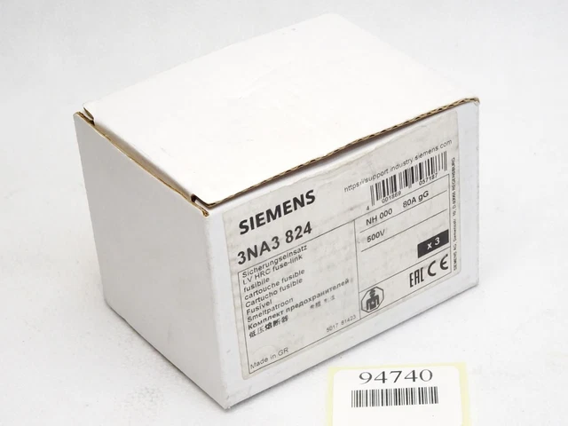 Siemens Fusible 80A 3NA3 3NA3824 / Contenu : 3 Pièce / Neuf Emballage D'Origine