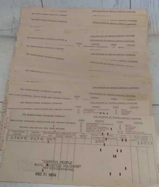 Rare VTG Railroad - Lot of 52 Pennsylvania Railroad Company Pay Stubs 1956