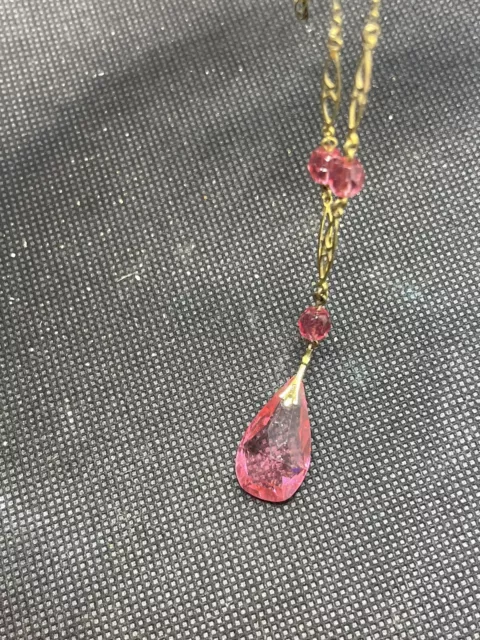 Antique ward brothers art nouveau rolled gold pink glass lariat Necklace 3