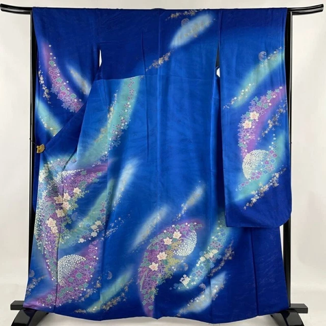 Woman Japanese Kimono Furisode Silk Flower Gold Thread Foil Blue