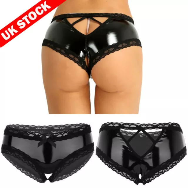 UK Women Wet Look Leather Lace Patchwork Briefs Open Crotch Panties Underwear