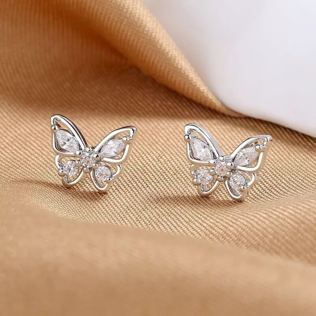 925 Sterling Silver Crystal Butterfly Stud Earrings Womens Girls Jewellery Gift