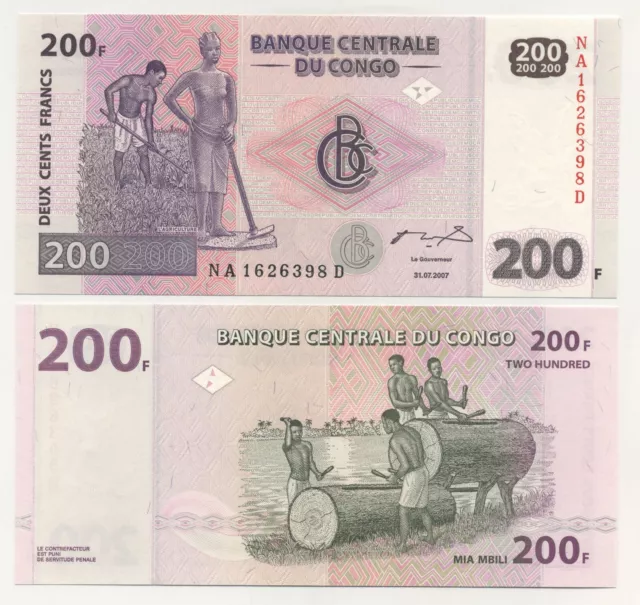 Congo Dem. Rep. 200 Francs 31-07-2007 Pick 99 UNC Banknote Printer G&D