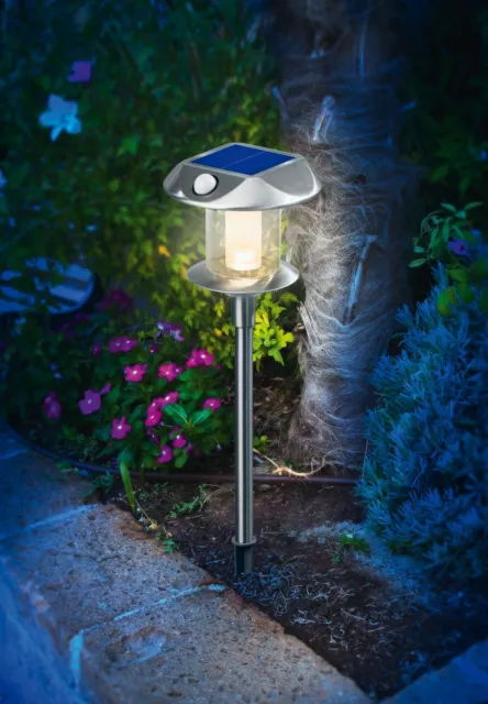 2x LED Solar Stand Leuchte umschaltbar KW o. WW Lampe PIR Bewegungsmelder Garten