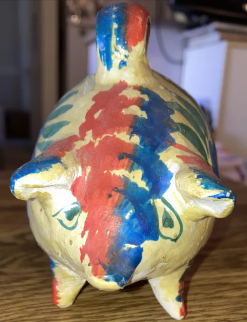 Vintage Clay Pottery Hand Painted Piggy Bank Folk Art, Made in Mexico