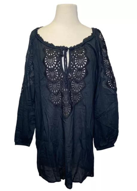 J Crew Women's Swim Suit Cover Up Tunic Eyelet Embroidered Black Medium Boho