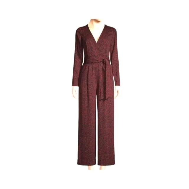 DIANE VON FURSTENBERG Jumpsuit 8 Edith Wrap Effect Dot-Print Tie Waist Long Slee