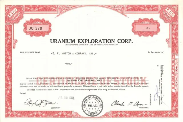 Uranium Exploration Corp. - Mining Stock Certificate - Mining Stocks