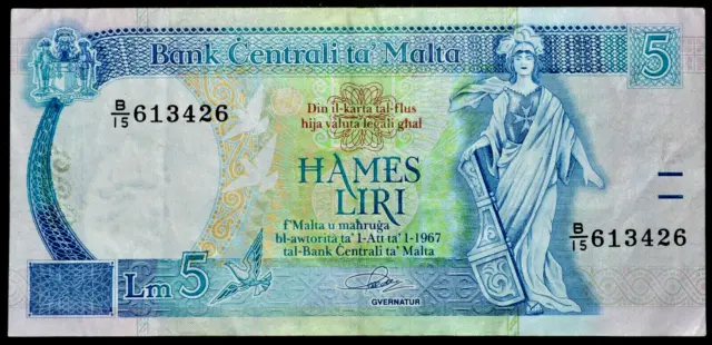 Malta, 1989, P. Glades, 5 Liri Banknote.                                    Z15