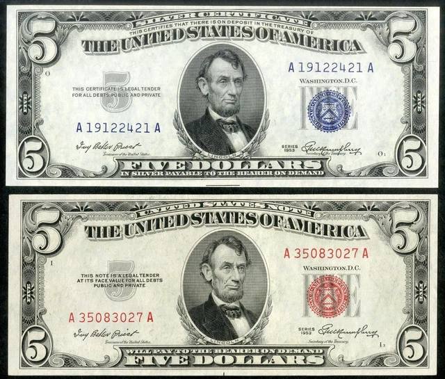 US Paper Money Lot of TEN Gem CU OLD $5 Notes Blue & Red Seal NO RESERVE!