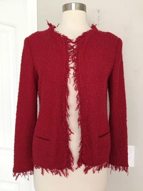 Iro Shavani 17S Red Fringe Trim Boucle Open Front Jacket Size 38 Us 6