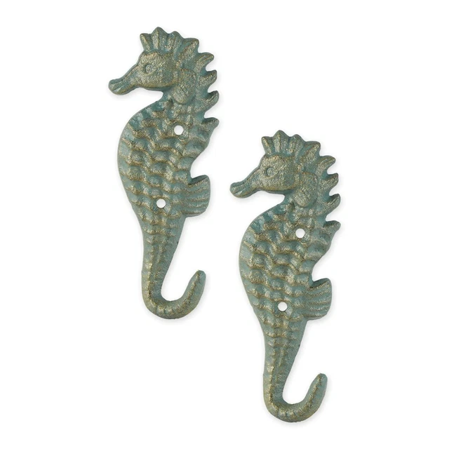2 Rustic Cast Iron Seahorse Wall Hooks Nautical Coastal Beach House Ocean Decor