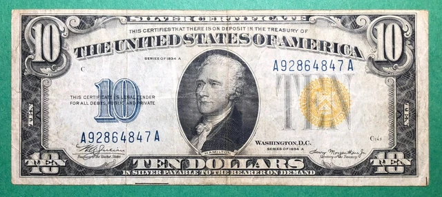 1934 A - $10 North Africa - Wwii Emergency Note -Silver Cert -Yellow Seal - Fine