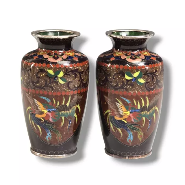 Black Japanese Goldstone Cloisonné Vases Miniature Mid Century Vintage Pair