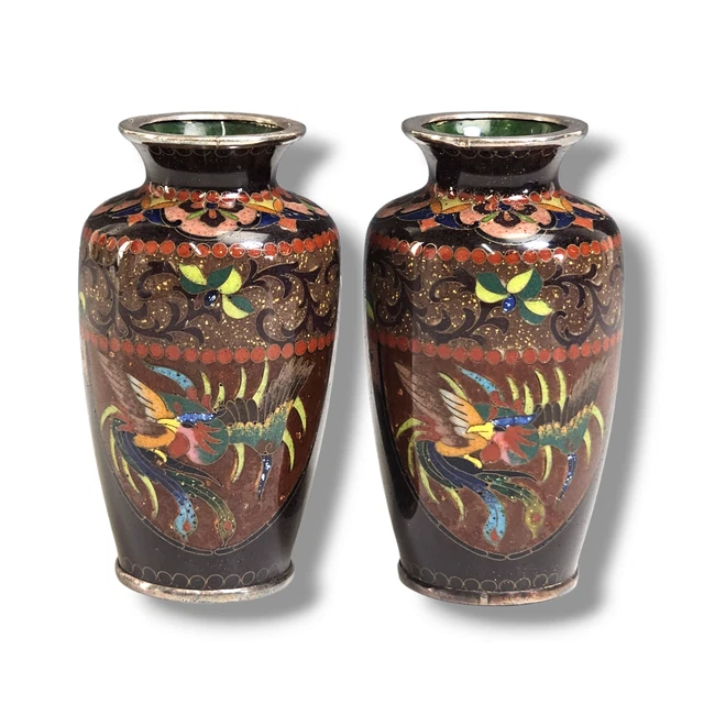 Black Japanese Goldstone Cloisonné Vases Miniature Mid Century Vintage Pair Black Japanese Goldstone Cloisonné Vases Miniature Mid Century Vintage Pair