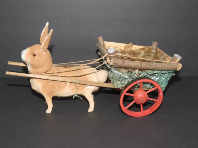 Vintage German Papier Mache Bunny Rabbit Candy Container & Wood Wagon Cart