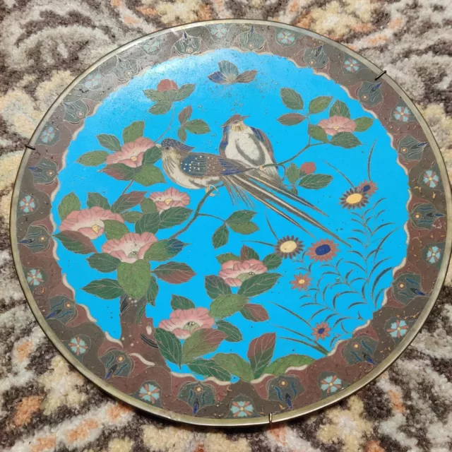 Antique Pair Chinese Bird And Floral  Cloisonne Enamel Brass Charger Plates 12"