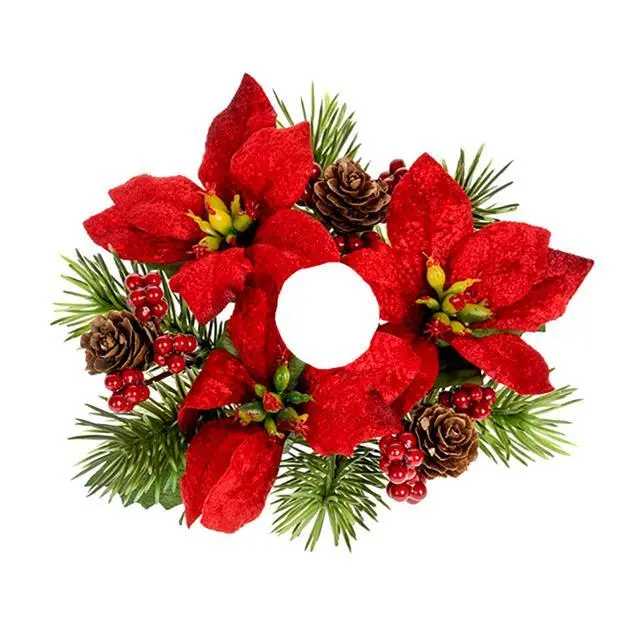 Candle Ring with Red Velvet Poinsettia Flowers - Spruce Christmas Decoration