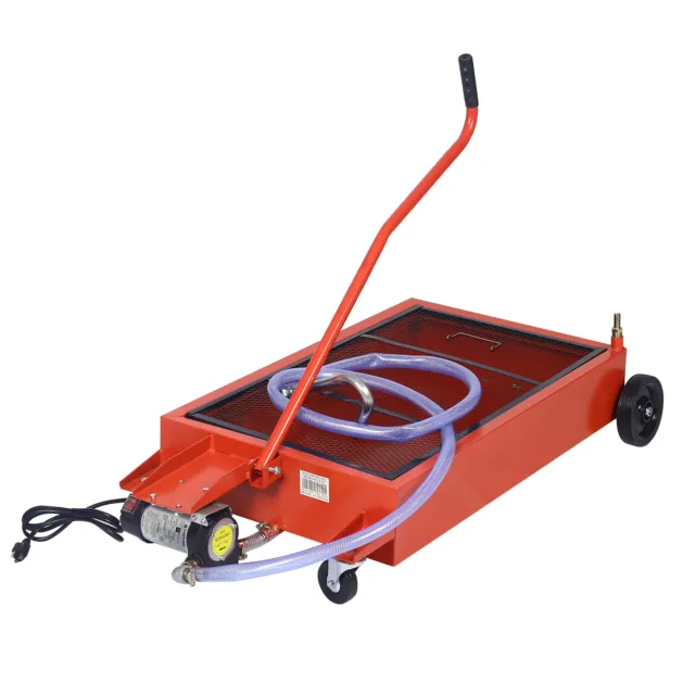 17 Gallon Oil Drain Pan Low Profile Dolly with Electric Pump Hose & Wheels Red