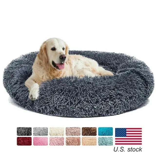 24" Donut Dog Cat Bed Warm Soft Long Plush Pet Cushion for Small Large Dog House