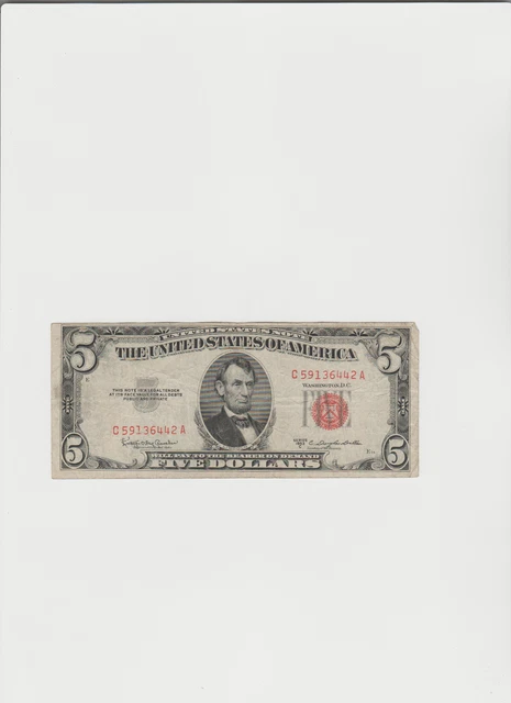 1953-C Five Dollar RED Seal Note United States Note Old US Bill $5 Average Circ