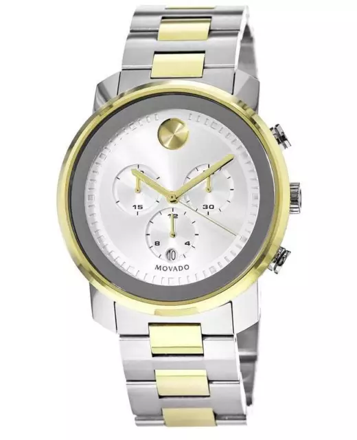 New Movado Bold Silver Chronograph Dial Gold Plated Men's Watch 3600432