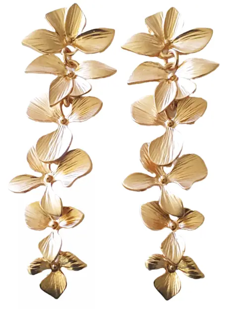 Gold Leave Leaf Flower Petal Texture Metal Statement Long Dangle Drop Earrings