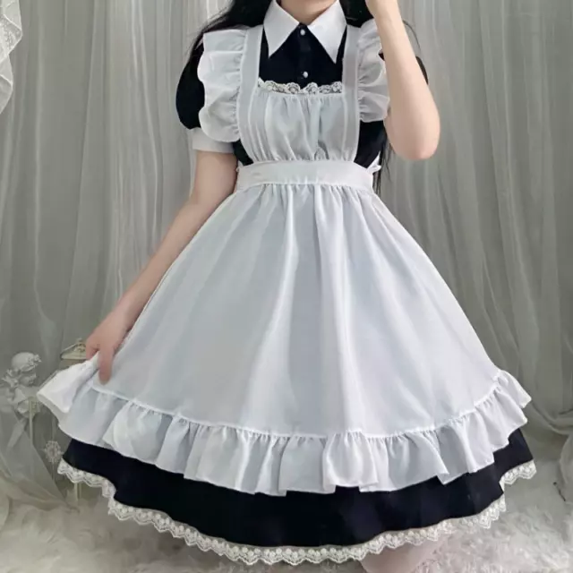 Donna Cameriera Costume Uniforme Abito a Balze Pizzo Orlo Vestito Lolita Ragazze