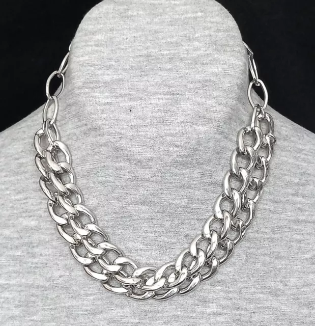 Lovely Heavy, Double Strand Large Link Flat Silver Tone Chain Necklace (N2)