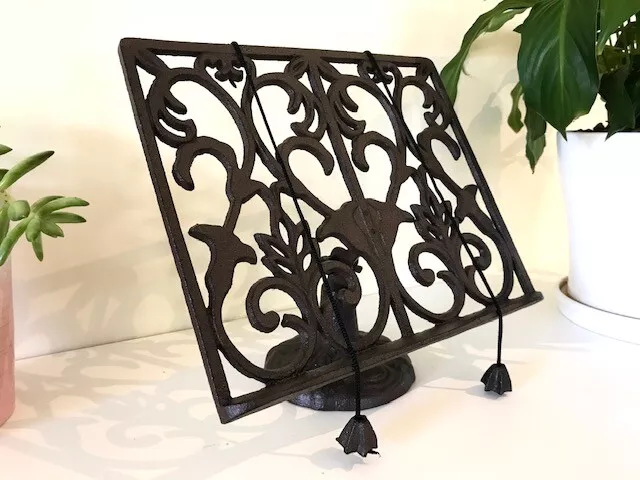 Cast Iron Cook Book Stand Kitchen Recipe Holder Scrolls Rustic Brown Color 2