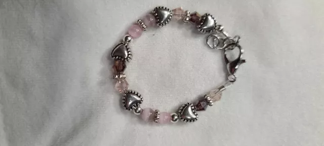 Newborn baby bracelet:4mm glass pearl beads with pink/purple cats eye and hearts