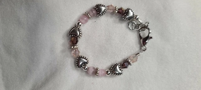 Newborn baby bracelet:4mm glass pearl beads with pink/purple cats eye and hearts