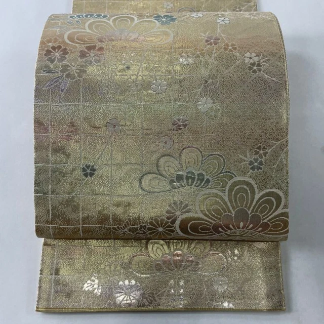 Japanese Kimono Obi Pure Silk Pine Sakura Foil Gold Rokutsu Lattice Handle